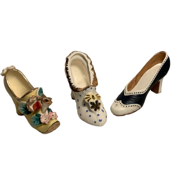 Miniature Shoe Figurines w/Floral Polka Dot Designs High Heel Collectibles - Picture 1 of 12